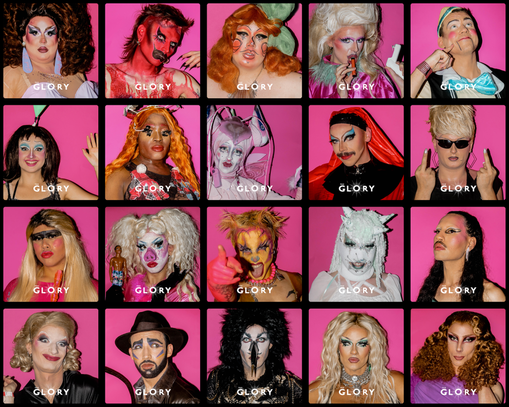 Images of 20 drag and performance artists, including Crystal from Rupaul's Drag Race, all shot behind a hot pink background.